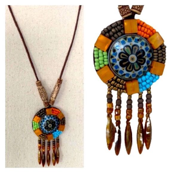 Handmade Hippie Beaded Boho Ethnic Native American Pendant Long Necklace NEW - Picture 1 of 12